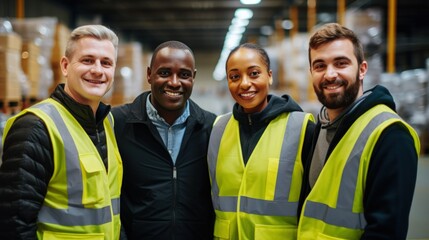 Portrait of a diverse group of industrial workers working in a factory. - obrazy, fototapety, plakaty