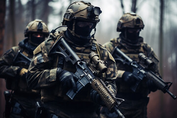 Fototapeta premium squad of soldiers in uniform with helmets and machine guns