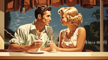 young couple sharing dessert at an ice cream parlor generative ai
