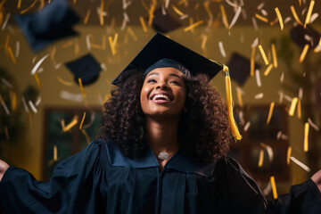 Obraz premium A joyful African American girl, celebrating her graduation with a radiant smile, symbolizing the culmination of her school journey.