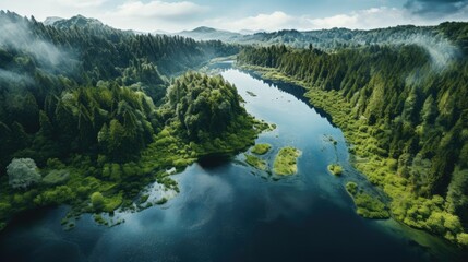 Fototapeta na wymiar true-to-life aerial view from a tranquil lakeside with a mirrored reflection of the surrounding forest generative ai