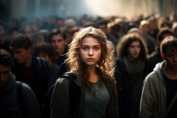 Fototapeta premium young adult people, protesting or riot, women crowds of people in a tight crowd, fictitious place