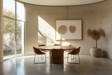 Minimalist modern dining room with round table, leather chairs, window, and stucco wall. Generative AI