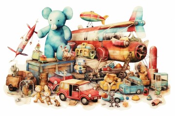Illustrations of numerous toys with a watercolor-like style. Generative AI