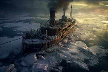 Steam ship trapped in frozen waters. Generative AI - obrazy, fototapety, plakaty