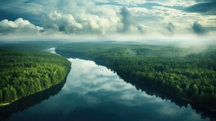serene lake surrounded by dense forest generative ai - obrazy, fototapety, plakaty