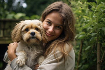 Young Woman Hugging Dog in Garden
