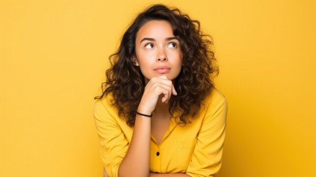 Thoughtful young woman in front of yellow background