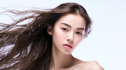 Naklejka premium Asian young woman posing in front of white background with her hair waving
