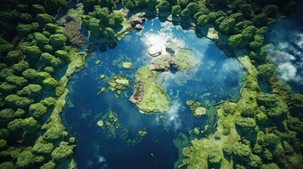 Fototapeta na wymiar true-to-life aerial view from a tranquil lakeside with a mirrored reflection of the surrounding forest generative ai