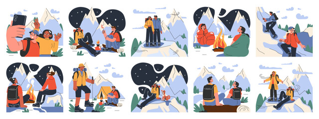 Mountaineering set. Mountain climbers with backpacks during nature