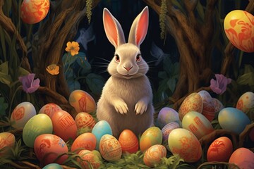 Easter-themed illustration featuring a bunny and eggs. Generative AI