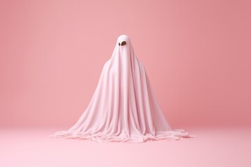 Childlike ghost in white sheet costume holds a treat bucket and smiles at camera against a pink background for a fun and festive Halloween portrait.
