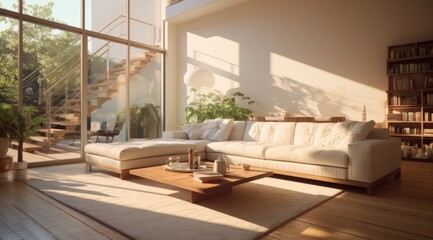 Interior design, natural lighting, cinematic shot, beautiful environment, interiors filled with light, sofa and living space, high stud, ceilings