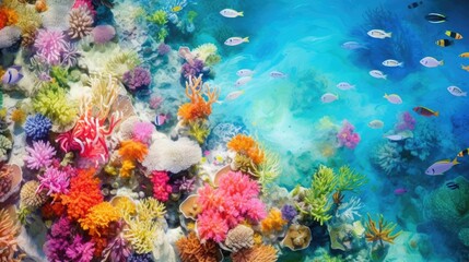 Fototapeta na wymiar vibrant coral reef in clear blue waters, teeming with marine life, seen from above generative ai