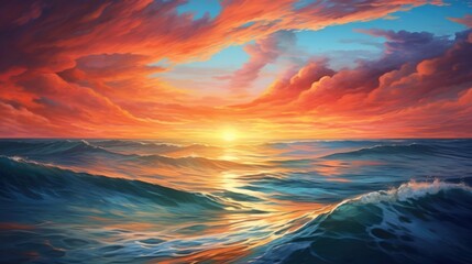 Spectacular sunset over a calm ocean horizon with vibrant colors from above. generative ai - obrazy, fototapety, plakaty