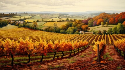 Naklejka premium vineyard in autumn, with vibrant foliage and rows of grapevines seen from above generative ai