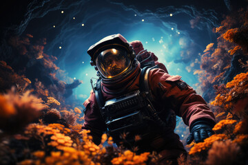 An astronaut in a spacesuit, drifting through a surreal cosmic landscape that blurs the boundaries...