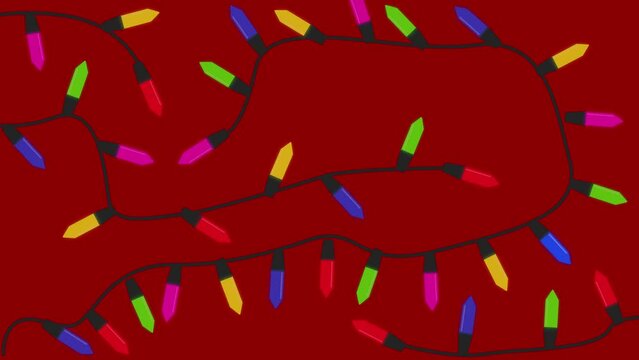 animation of colorful christmas lights on red background, christmas background