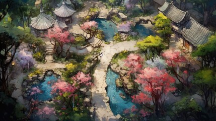 tranquil garden in full bloom, with colorful flowers and pathways seen from above generative ai