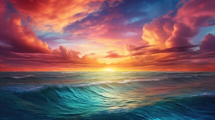 Obraz premium Spectacular sunset over a calm ocean horizon with vibrant colors from above. generative ai
