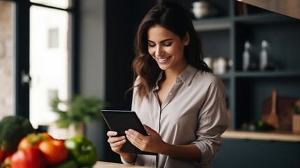 Young woman, who eats mostly vegetables for a healthy life, looks at recipes on the tablet