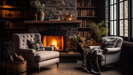 interior design modern room with fireplace - obrazy, fototapety, plakaty