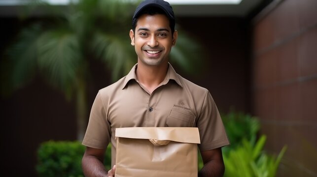 A happy Indian delivery man in uniform proudly shows the bag in his hand