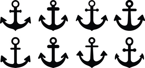 Set of anchor symbols or logo template, silhouette vector illustration isolated on white background