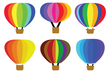 Set of colored hot air balloon, adventure air transport icon, flat vector illustration isolated on white background