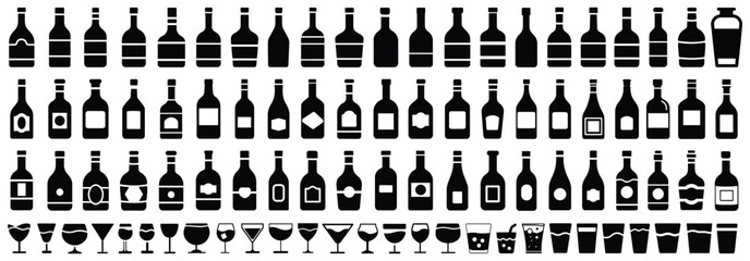 Big set of alcohol bottles and glasses, wine and beer bottle, silhouette vector illustration isolated, editable