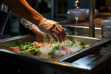 A chef washing their hands before food preparation, adhering to food safety and kitchen hygiene standards. Concept of kitchen hygiene. Generative Ai. - obrazy, fototapety, plakaty
