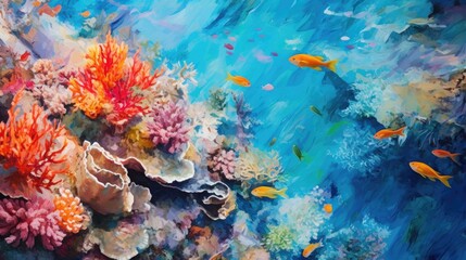 Obraz na płótnie Canvas vibrant coral reef in clear blue waters, teeming with marine life, seen from above generative ai