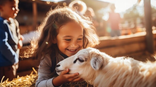 A girl smiles joyfully as she feeds and caresses a variety of lambs on a farm, a heart-warming display of love for all living things.