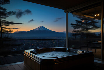 hot jakuzzi bathtub with water on winter mountain background, Fuji peak and warm bath