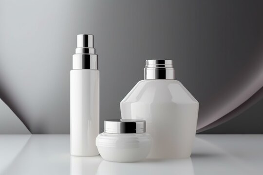 Packaging of skincare and cosmetic bottle in white decor background, representing a concept of beauty, health, and medicine. Generative AI