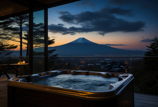 hot jakuzzi bathtub with water on winter mountain background, Fuji peak and warm bath