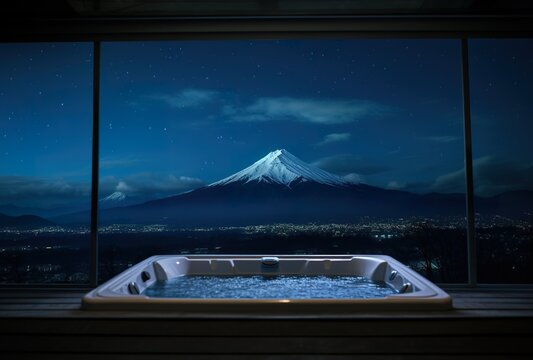 hot jakuzzi bathtub with water on winter mountain background, Fuji peak and warm bath