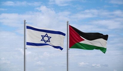 Israel and Palestine flags waving in the wind