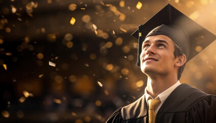 Boy in graduation clothes looking at background with defocused golden lights, college student graduating, Generative AI - obrazy, fototapety, plakaty