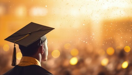 Boy in graduation clothes looking at background with defocused golden lights, college student graduating, Generative AI