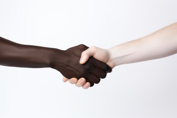 Black hand greeted white hand on white background, racial equality concept, Generative AI