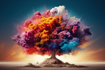 Colorful dust and smoke tree, human emotions concept, Generative AI