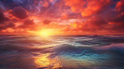 Naklejka na ściany i meble Spectacular sunset over a calm ocean horizon with vibrant colors from above. generative ai