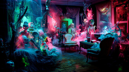 Ghouls and ghosts hanging out in a room at a Haunted Mansion