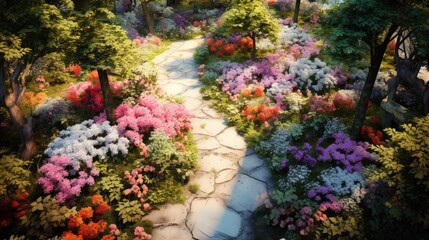 Naklejka na ściany i meble tranquil garden in full bloom, with colorful flowers and pathways seen from above generative ai