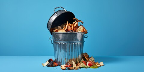 Metallic trash can with leftover food isolated on blue background, Trash bin with organic waste, Generative AI