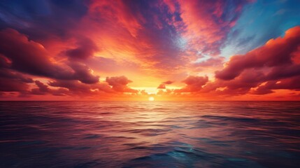 Fototapeta na wymiar Spectacular sunset over a calm ocean horizon with vibrant colors from above. generative ai