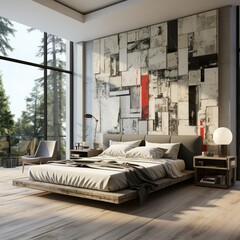 Stylish, contemporary bedroom with modern furniture and artwork