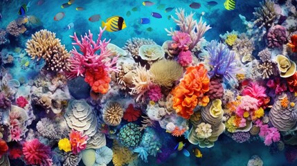vibrant coral reef in clear blue waters, teeming with marine life, seen from above generative ai